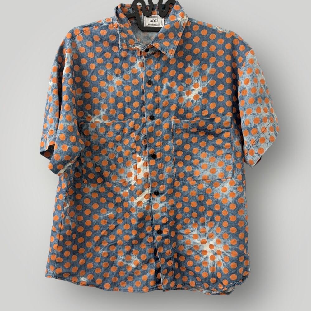 Ami Polka Dot Shirt Men's Small Camp Collar Blue Orange Short Sleeve Button Up